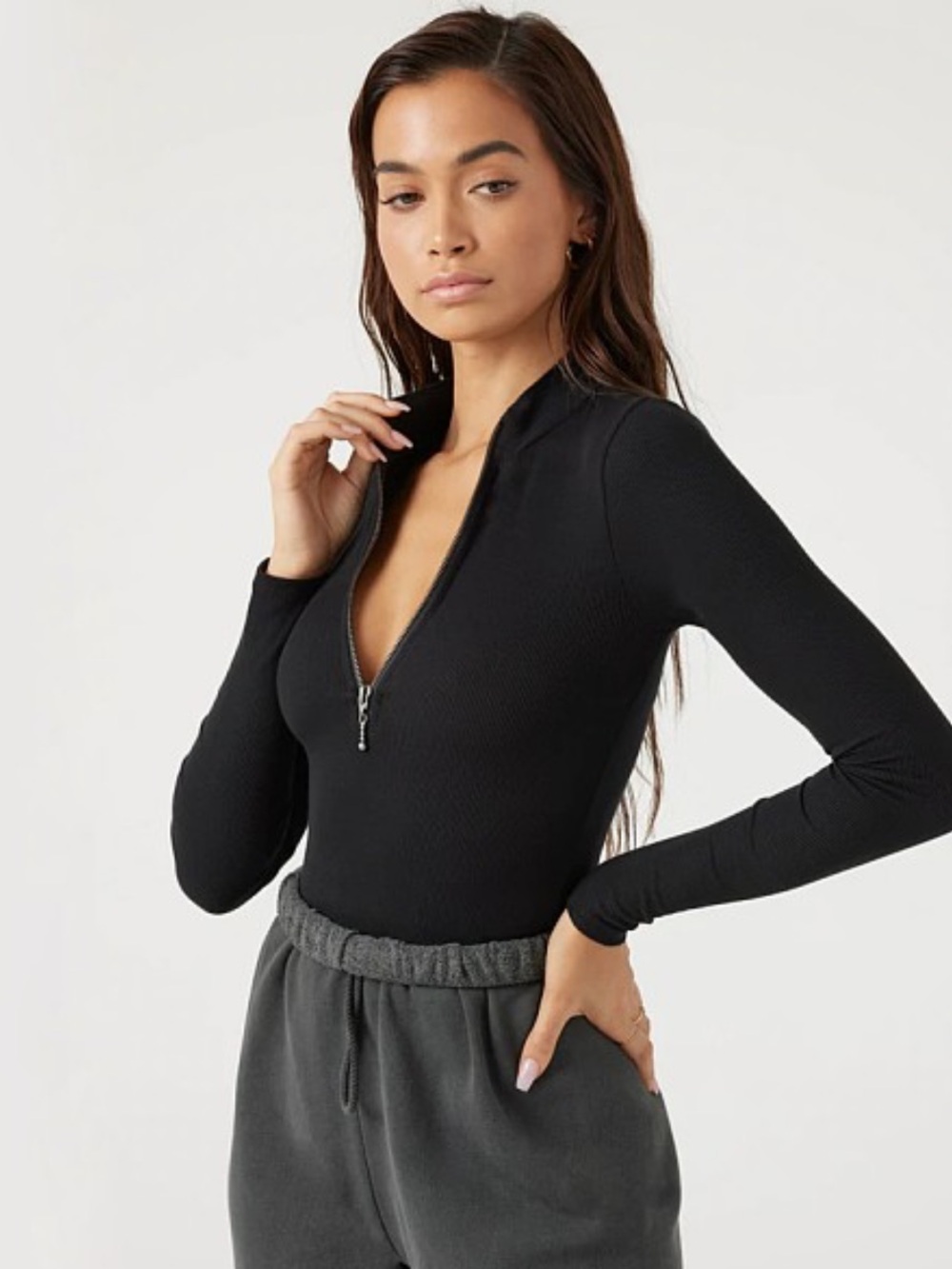 Joah Brown Black Ribbed Mock Neck Quarter Zip Long Sleeve